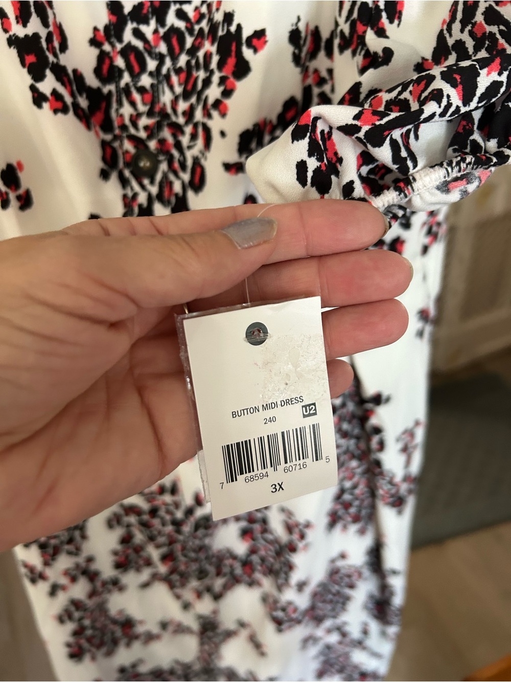Button-Front Midi Dress in White with Black & Red Floral Print